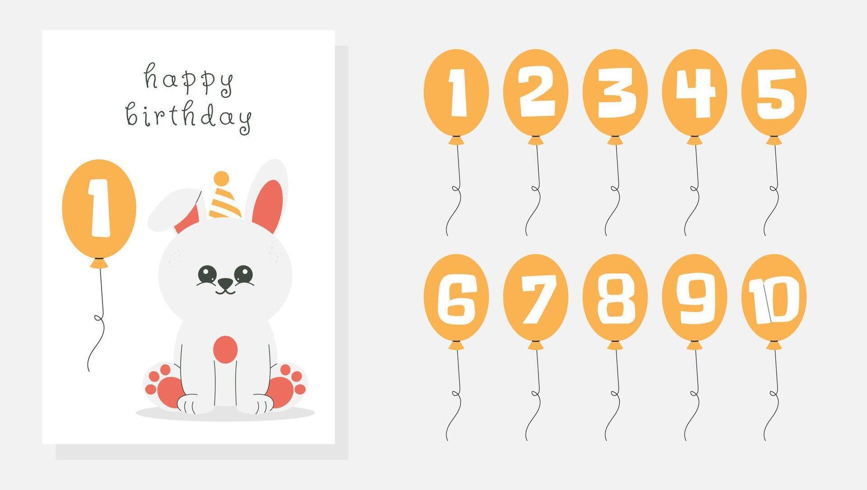 Greeting and invitation for kids Birthday party. Cute bunny in hat and balloons with number in flat childrens style. illustration collection, design for card, poster, event, prints vector