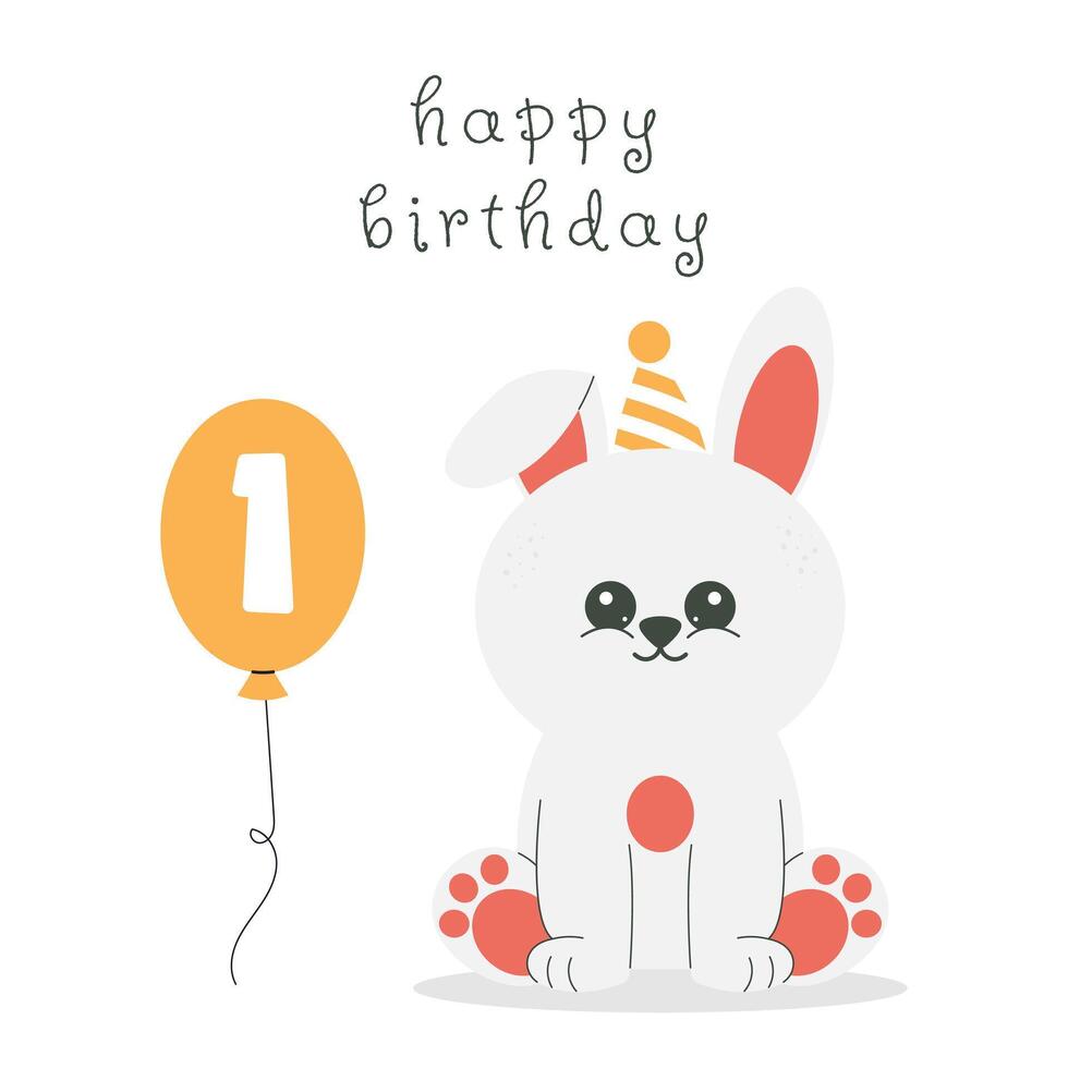 Greeting and invitation card for kids first Happy Birthday. Cute baby bunny and balloon number 1 in flat childrens style. illustration, design for card, poster, banner vector
