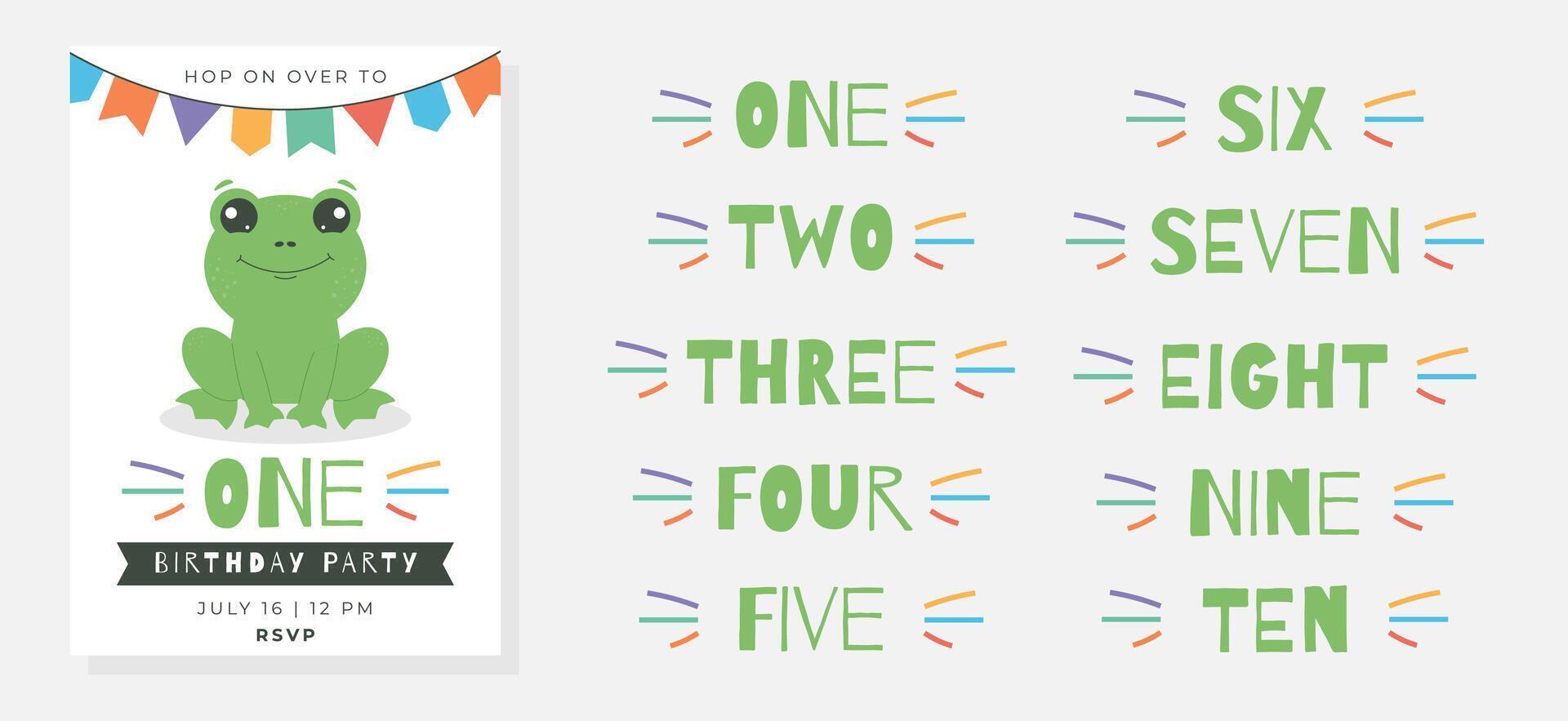 Greeting and invitation card for kids Birthday party. Cute frog and set of numbers in flat childrens style. illustration collection, design for card, poster, event, banner vector