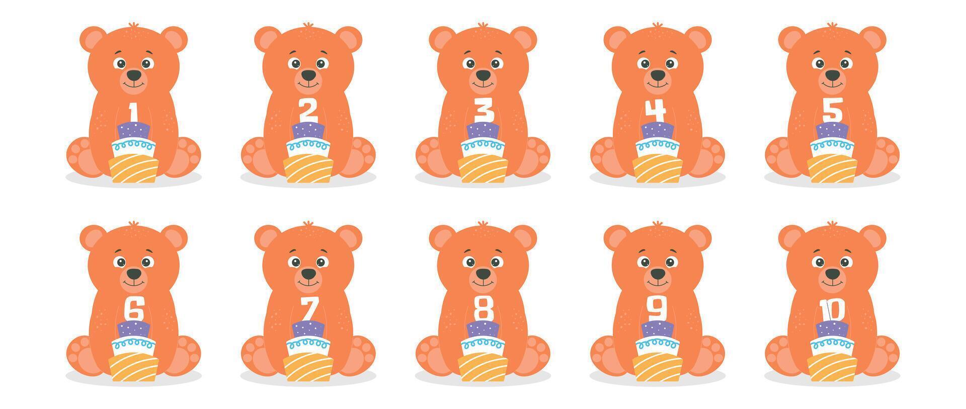 Cute bear character and cake with number set. Beautiful elements for Kids Birthday Party invitation, greeting card, poster, event, prints and cake toppers design vector