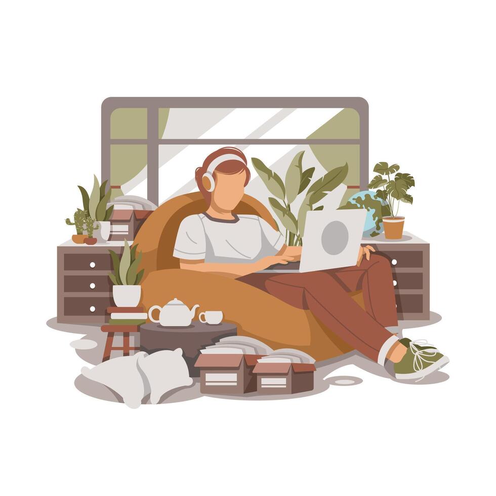 portrait of a relaxed man working while listening to music isolated flat design Illustration vector