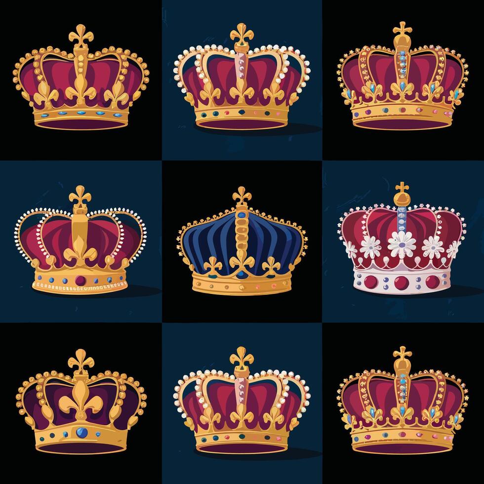 Luxurious Golden Crown Set with Intricate Details on Black vector