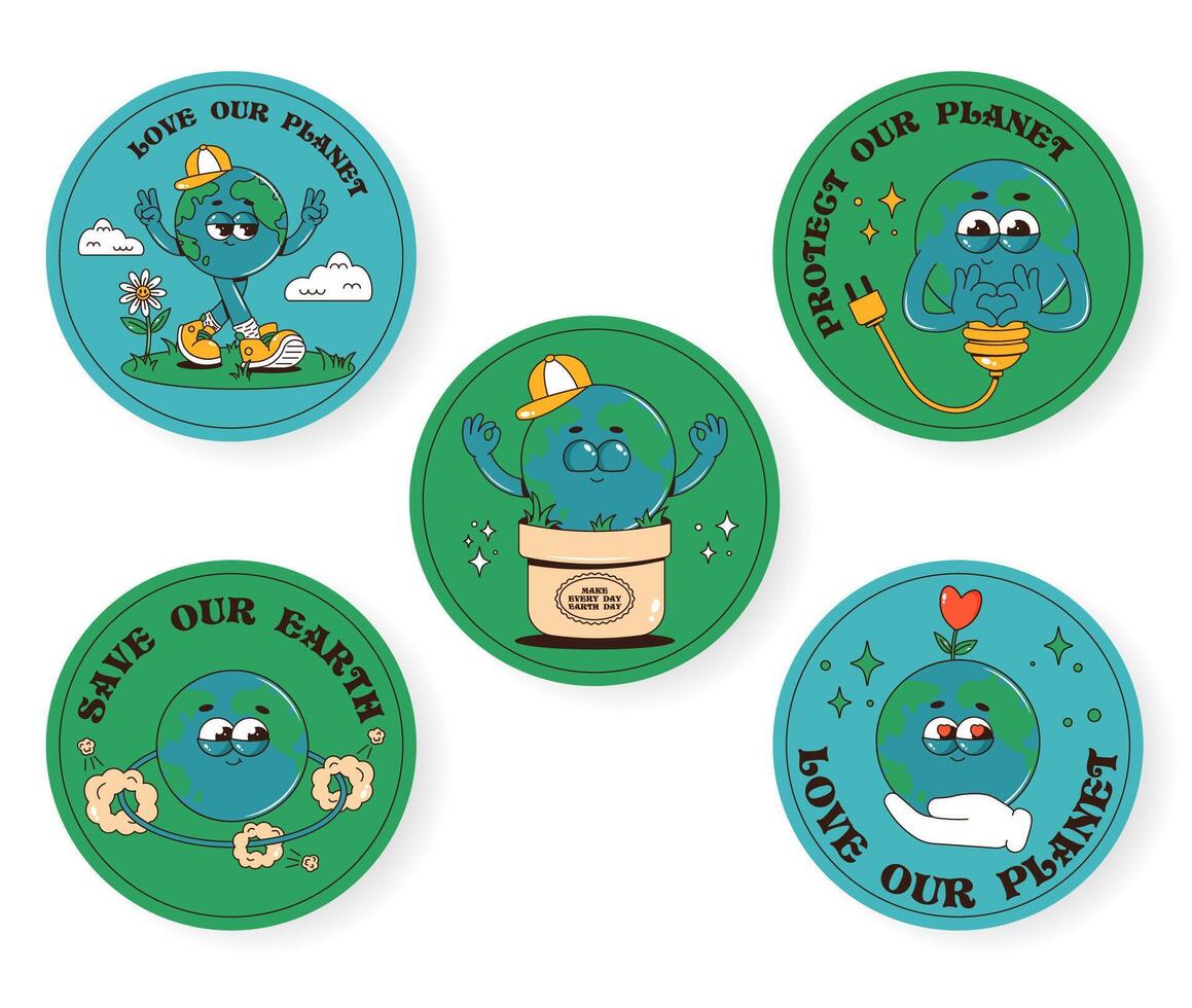 Retro characters planet Earth in groovy style. Funky circle stickers with psychedelic globe mascots. Love our planet and other quotes. Eco friendly labels, badges, tags vector