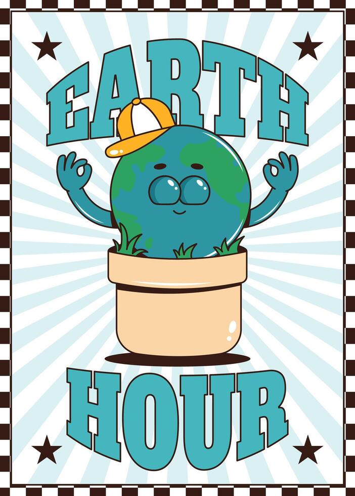 Retro groovy planet Earth character. Funky globe personage in pot with hat. Earth hour vertical poster. illustration vector
