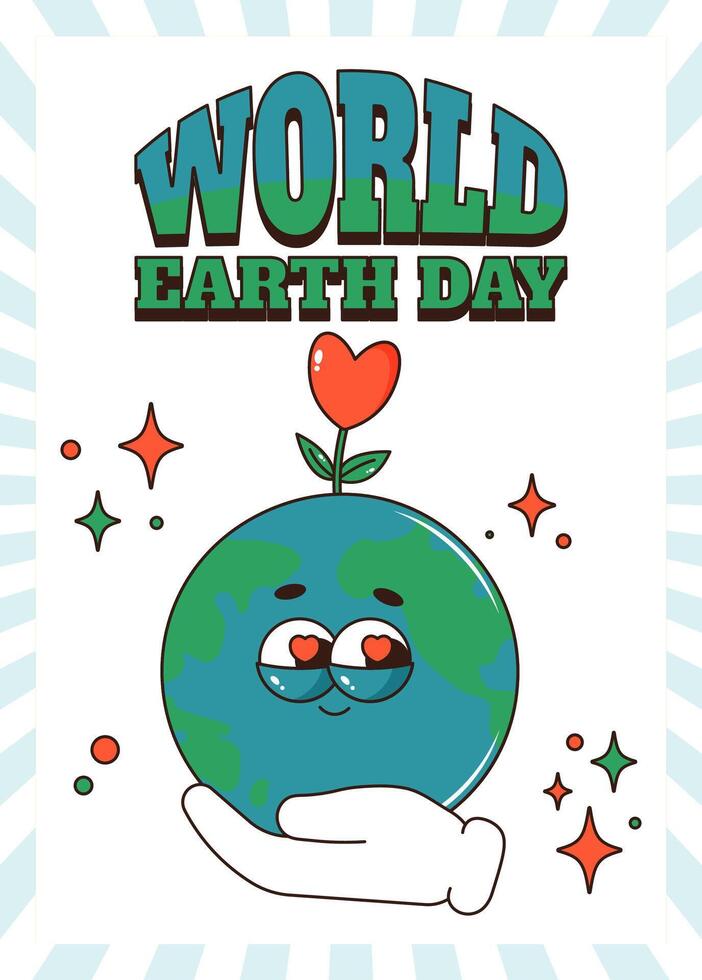 Retro groovy planet Earth character. Funky globe personage in hand with heart flower. World Earth day vertical poster. illustration vector