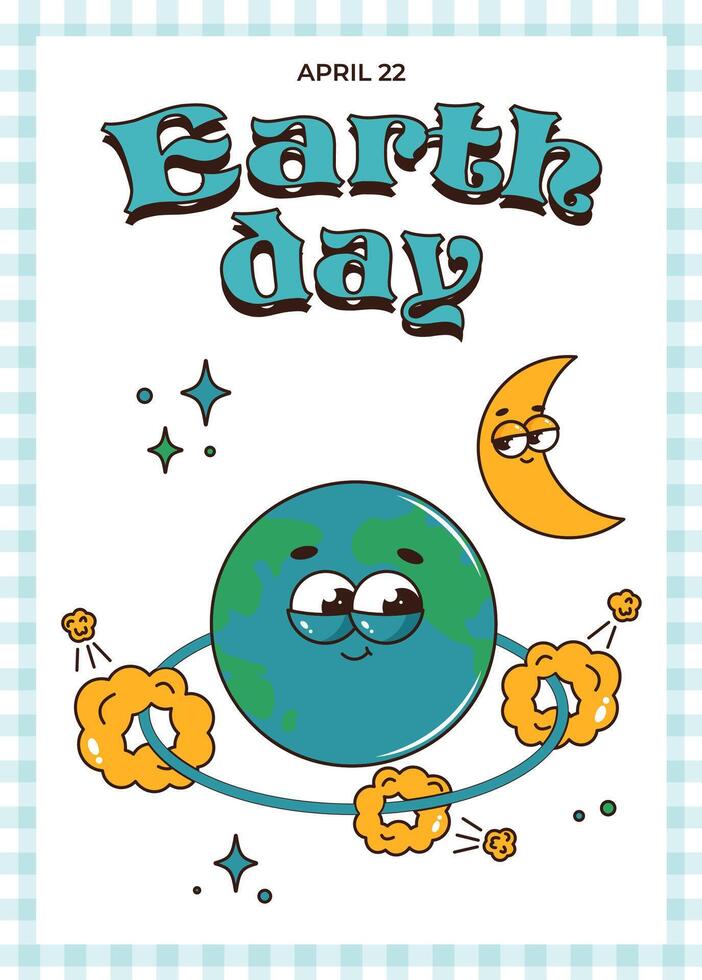 Retro groovy Earth planet character with moon. Earth day vertical poster. illustration vector