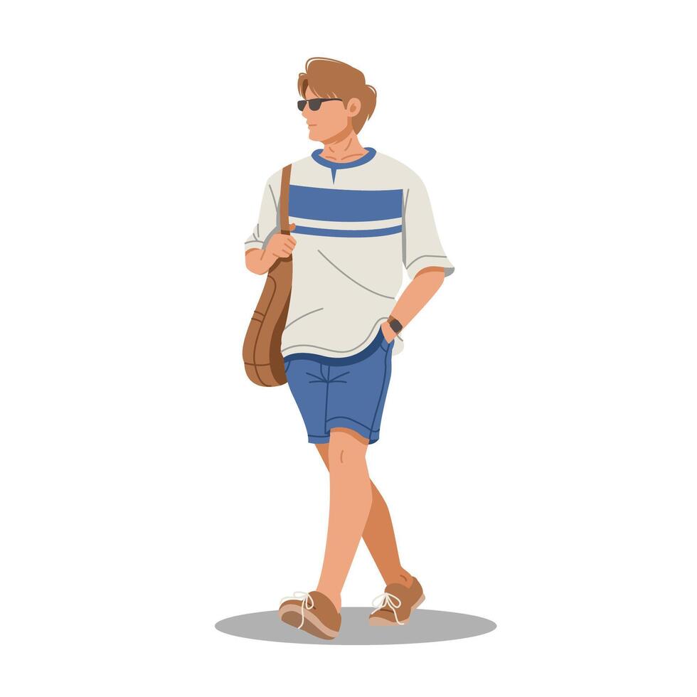 portrait of man posing walk hold bag in stylish outfits flat design illustration vector