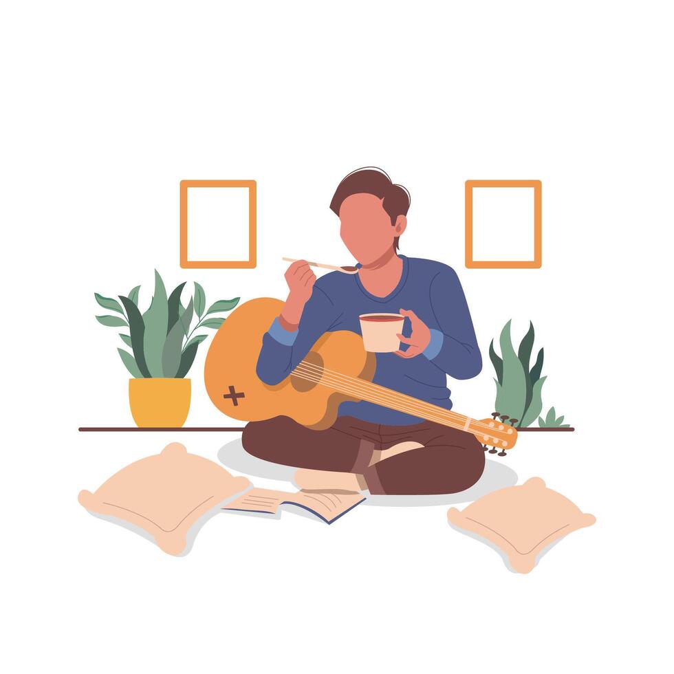 man eat and playing guitar flat design illustration vector