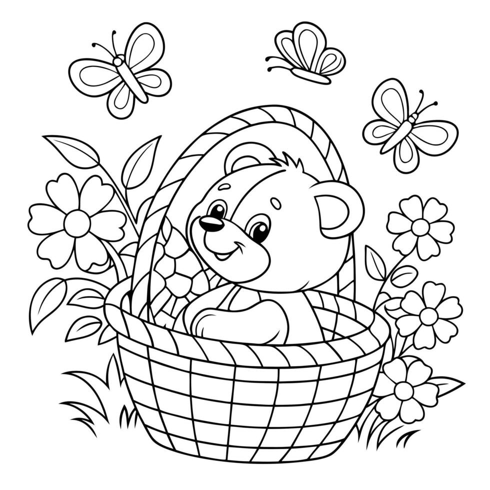 Create a detailed black and white illustration of a smiling teddy bear sitting in a woven basket vector