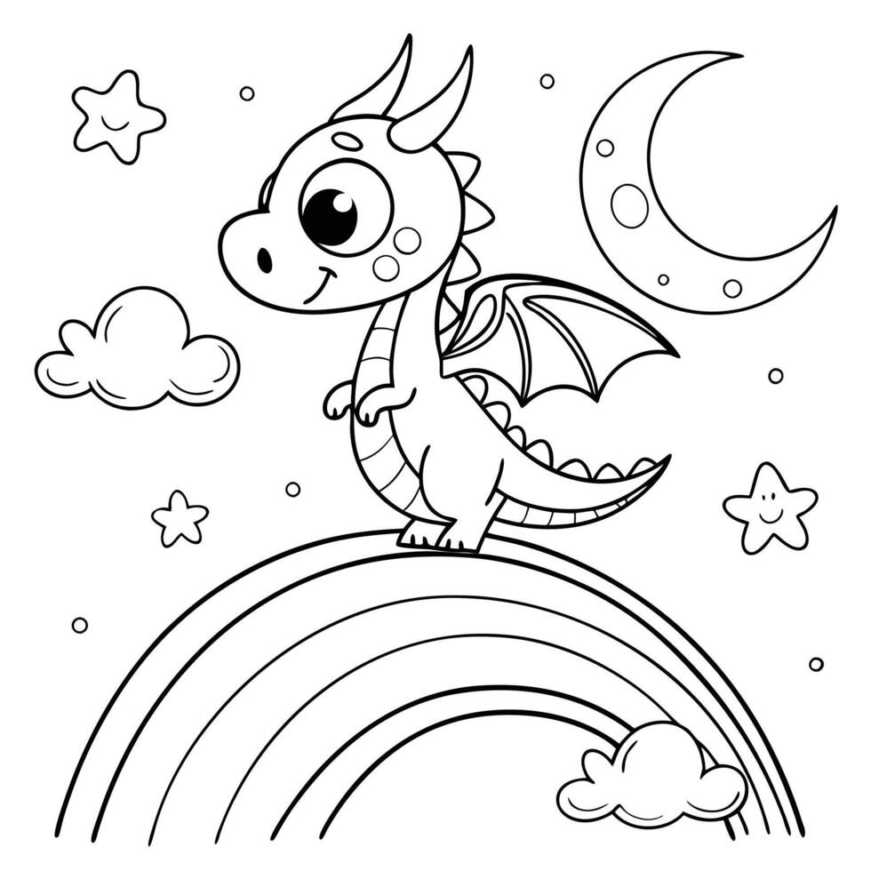 Create a black and white illustration of a cute dragon standing on a rainbow with clouds around it vector