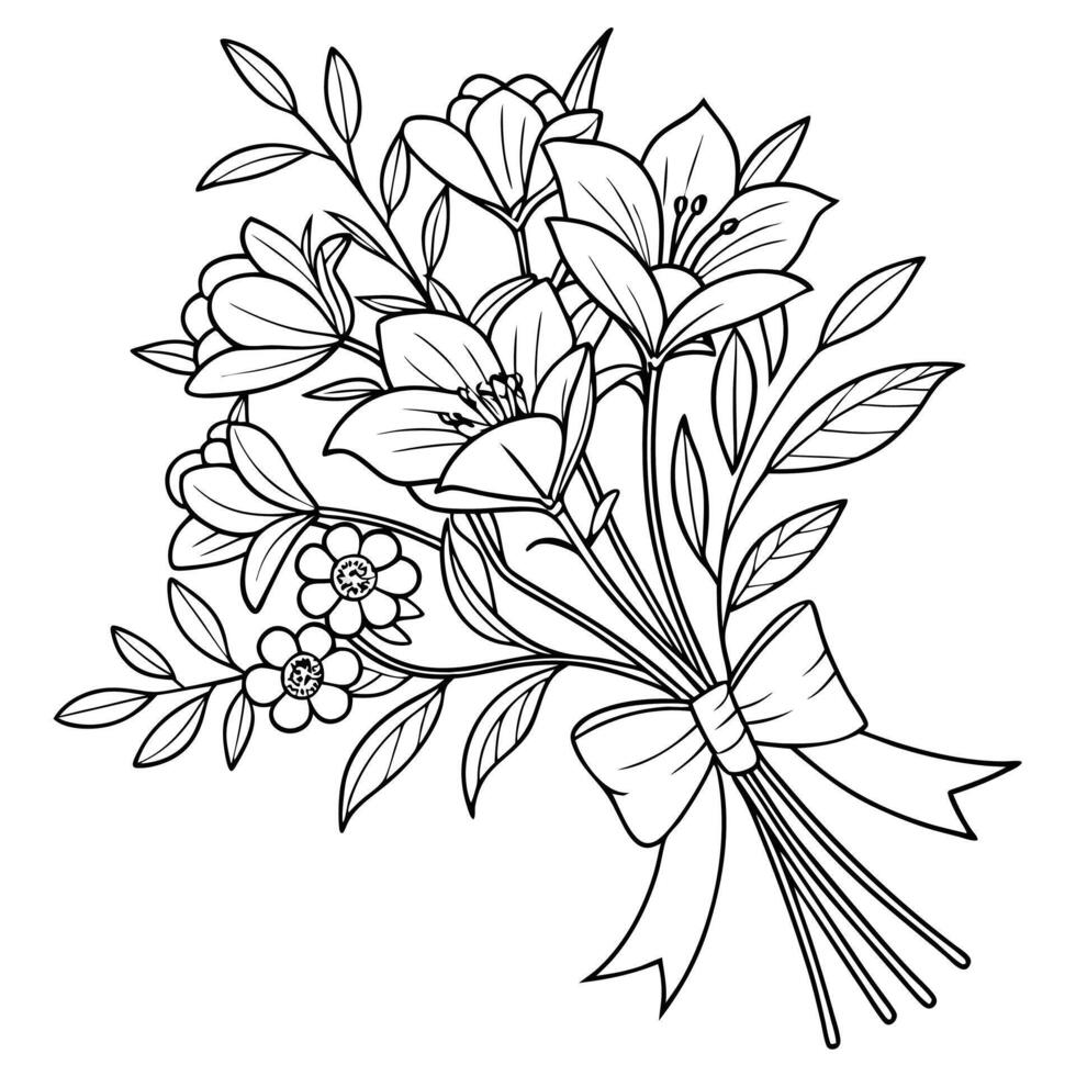 1A detailed black and white line drawing of a bouquet of flowers tied together with a ribbon. vector