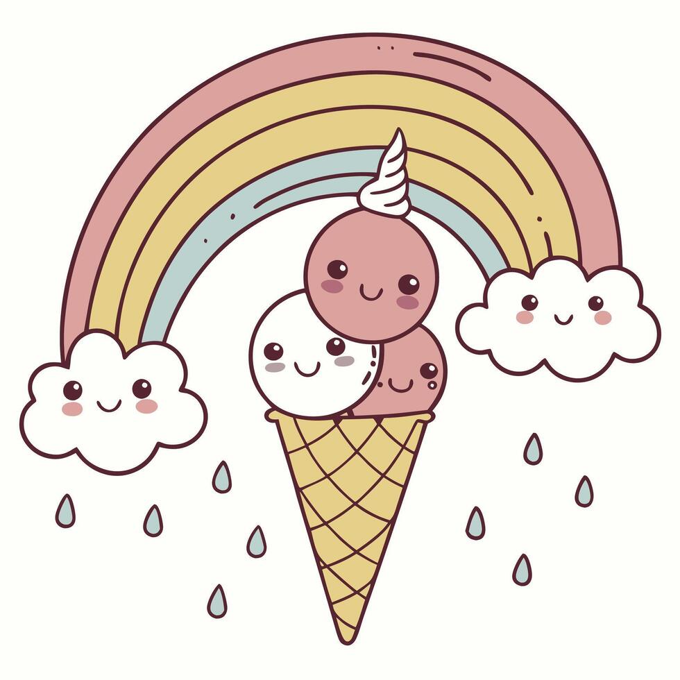 A whimsical and playful illustration of an ice cream cone with four scoops vector