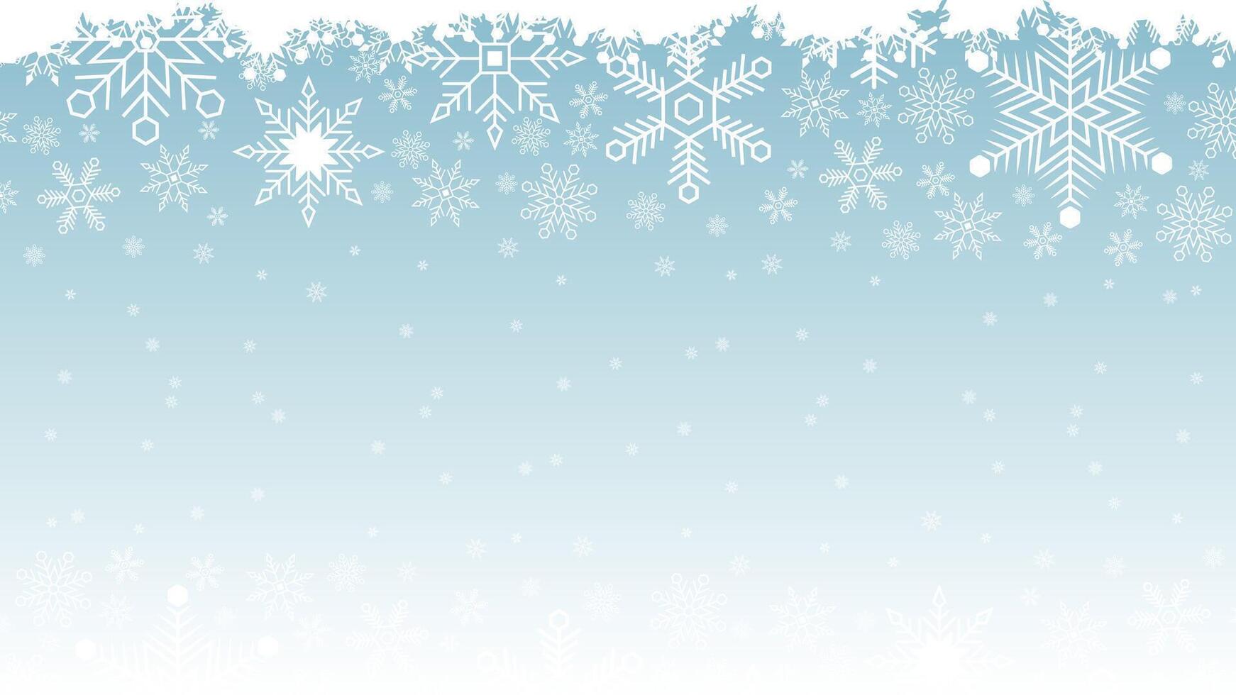 Winter snowflake blue background. Abstract christmas top snowflake seamless border. Heavy snowfall. White snowflakes flying in the air. Snow flakes, snow background vector