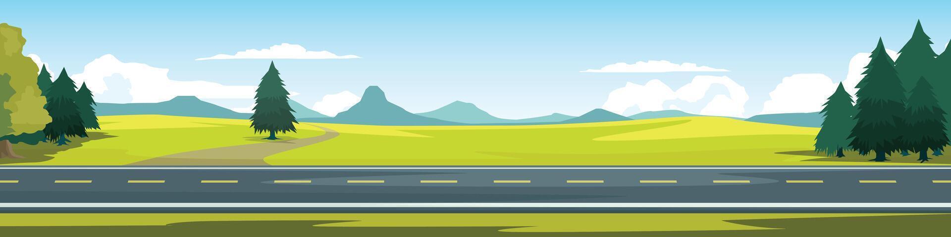 Horizontal or landscape of smooth asphalt road. On the wide grassland. Grasses and tree of pine growing on both sides. Dirt road leading to the mountains. Mountain and blue sky with white clouds. vector