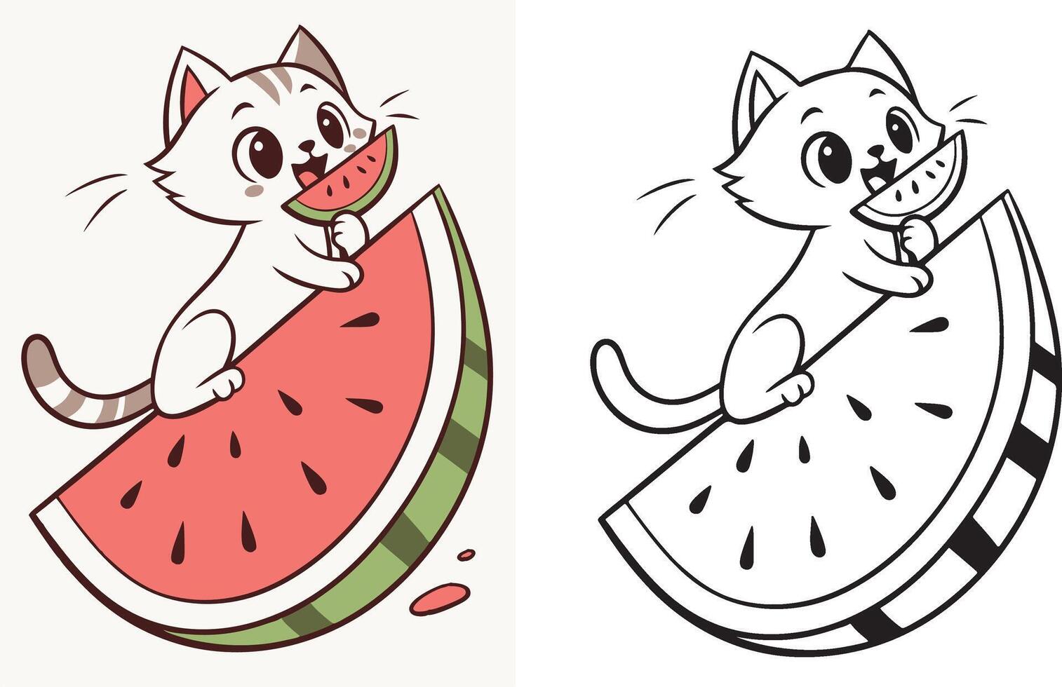 playful kitten enjoying a big slice of watermelon. vector