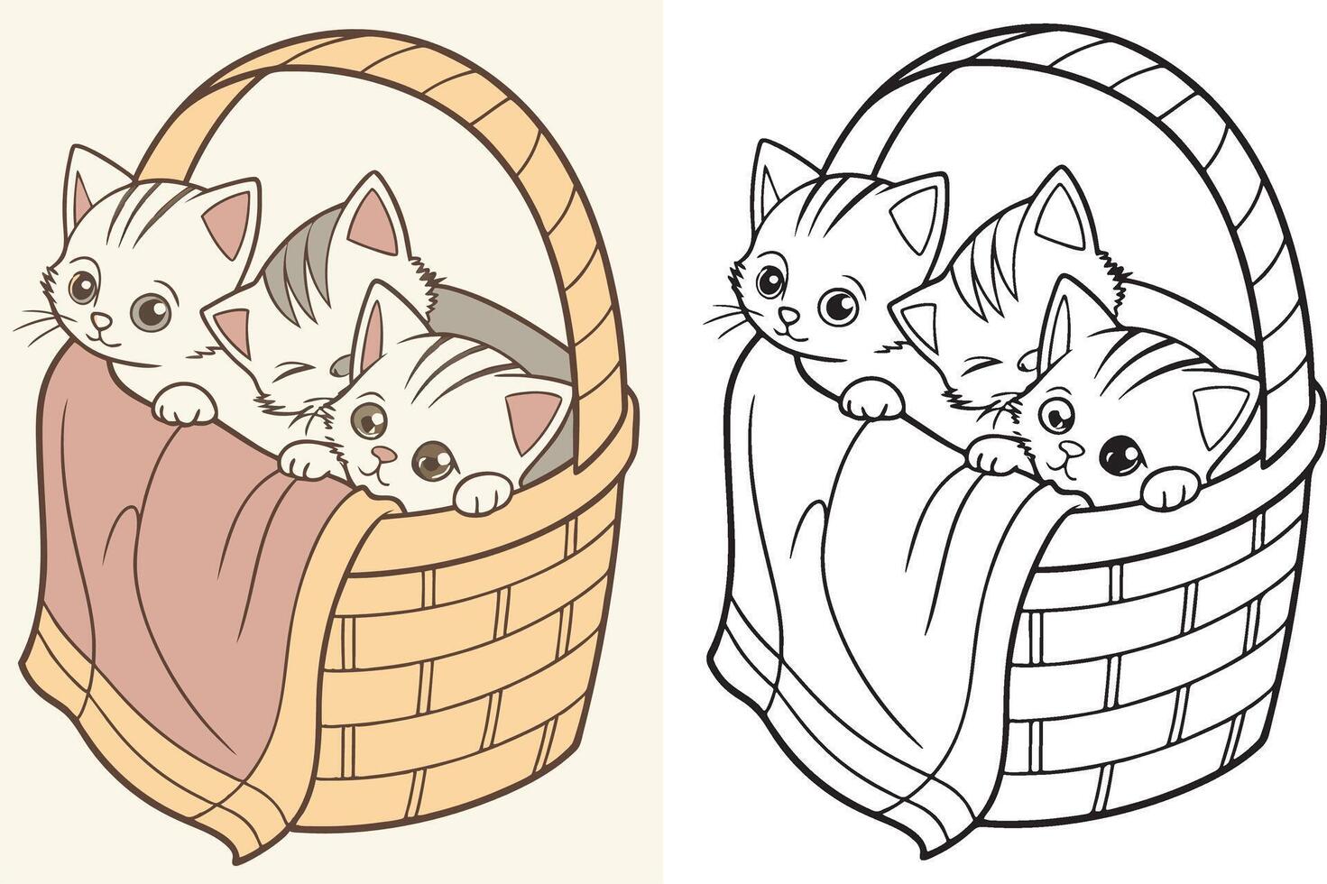 Three kittens cuddled together inside a cozy woven basket. vector