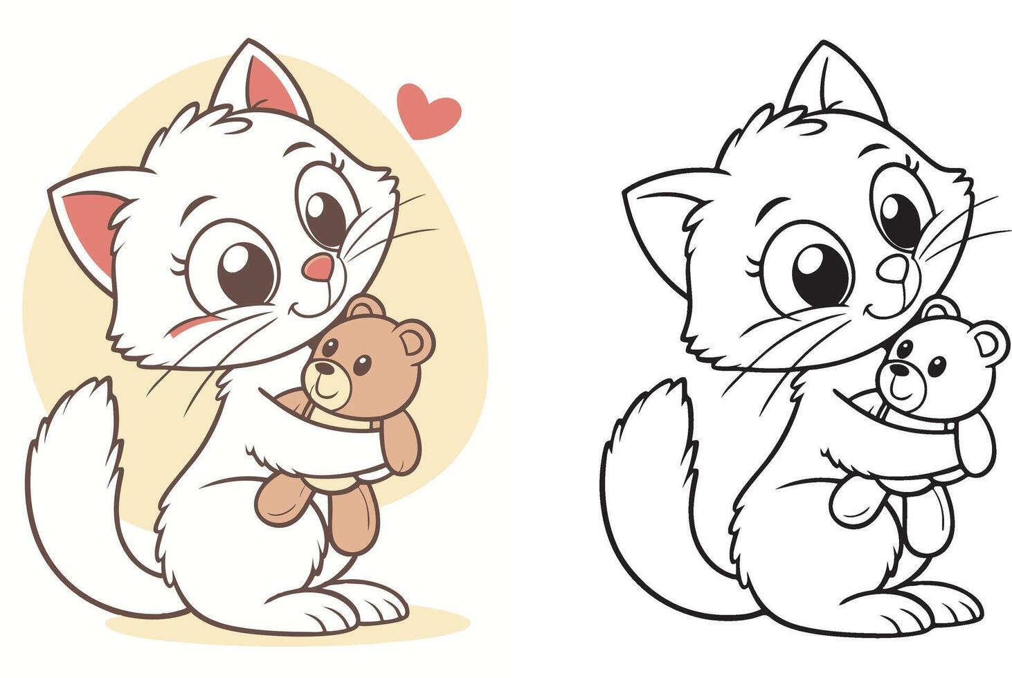 A fluffy kitten cuddling a tiny teddy bear with love. vector