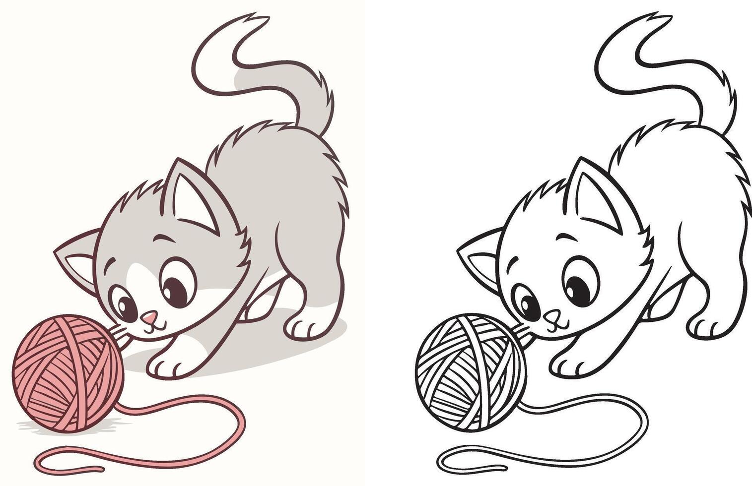 fluffy kitten pawing at a tangled ball of yarn. vector