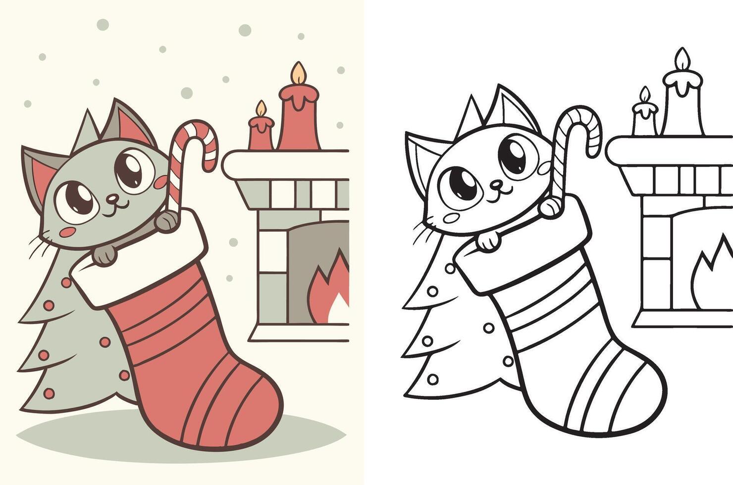 A kitten peeking out from a holiday stocking with candy canes. vector