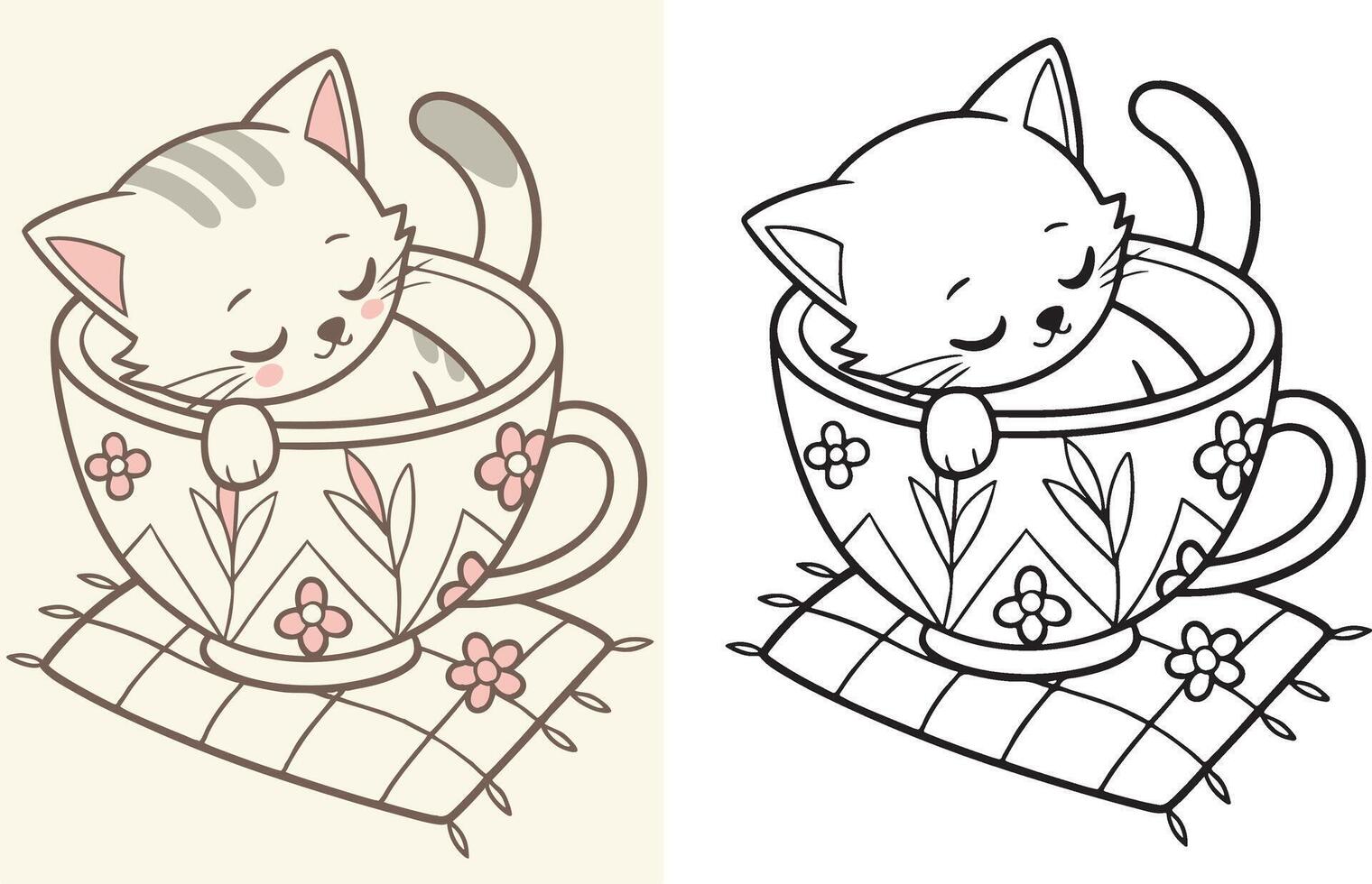 tiny kitten curled up inside a teacup with cute floral patterns. vector