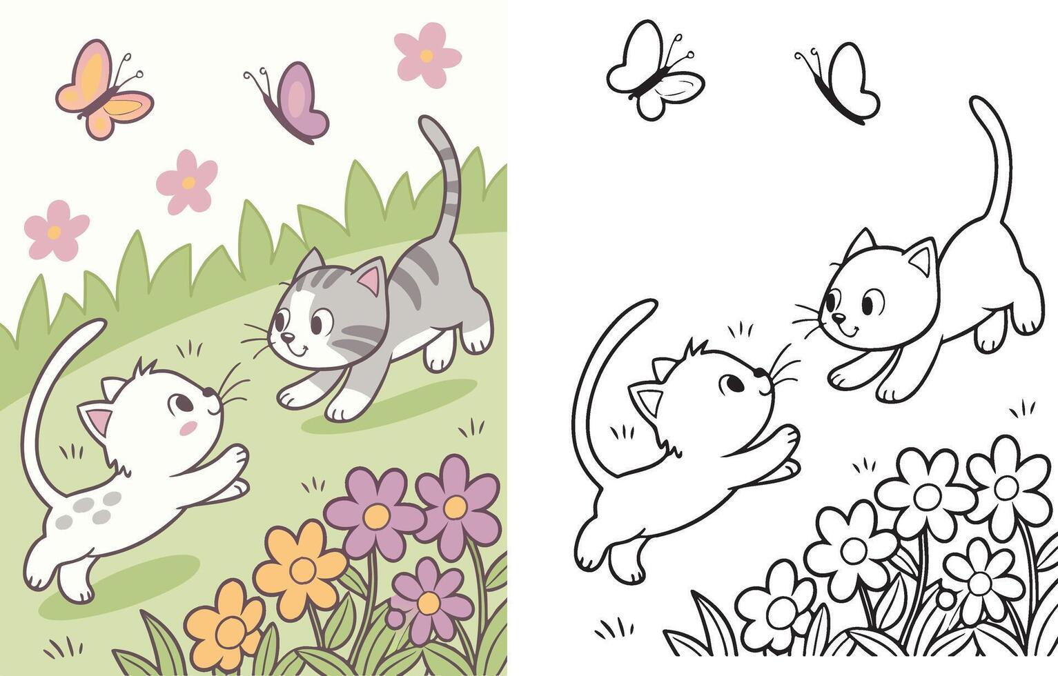 Two kittens chasing each other around flowers and butterflies vector