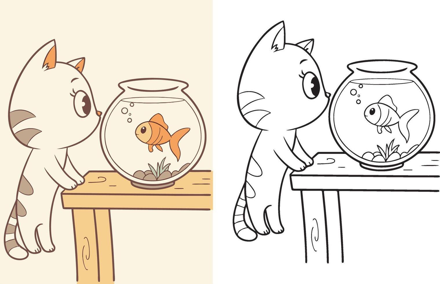 playful kitten staring at a goldfish inside a round fishbowl. vector