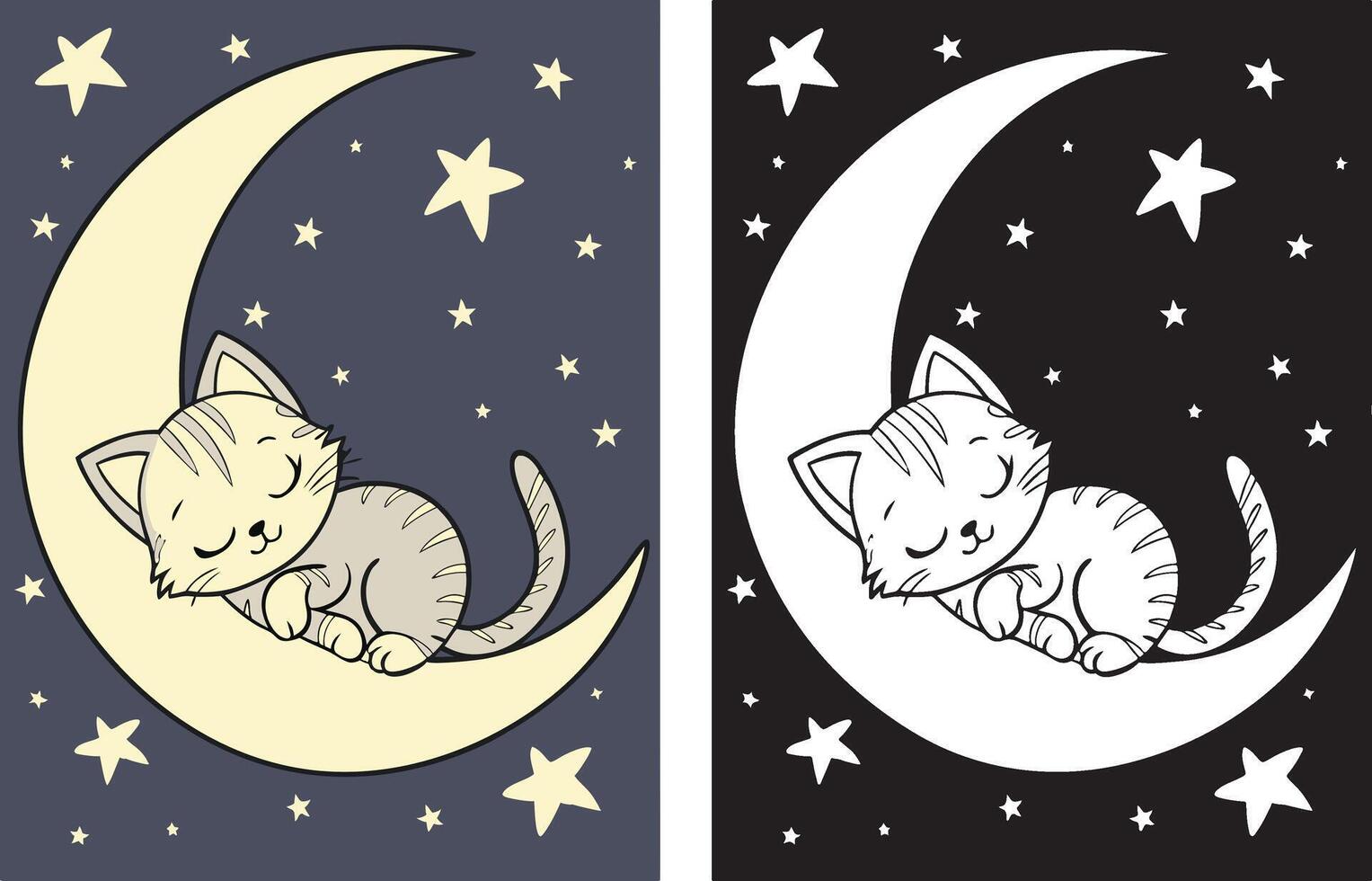 A kitten sleeping on a crescent moon, surrounded by stars vector