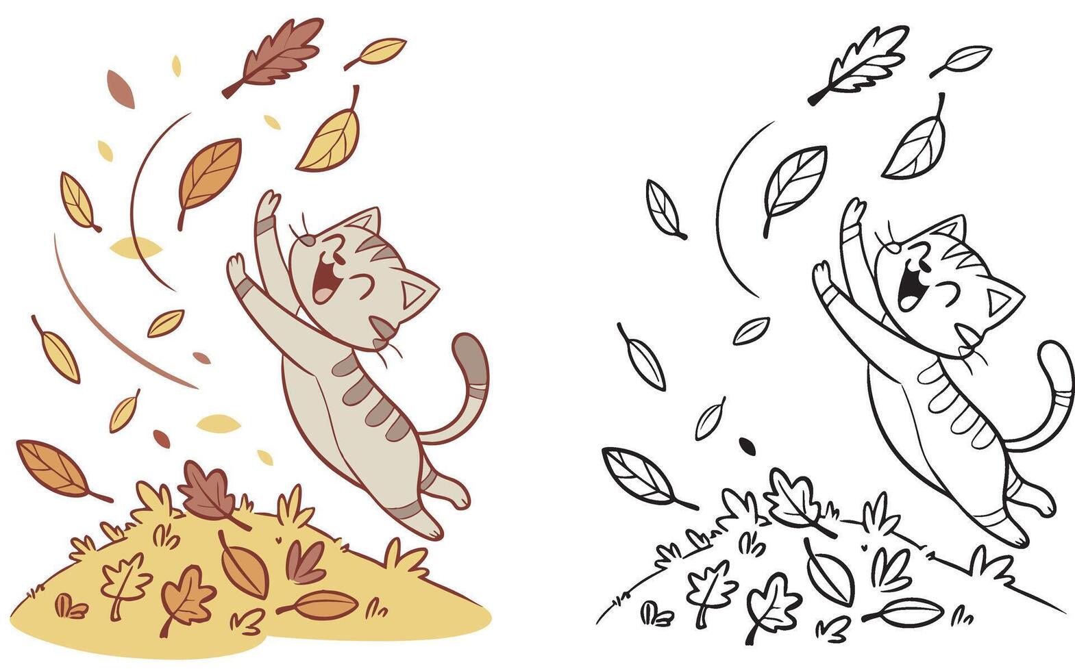 A joyful kitten jumping into autumn leaves vector