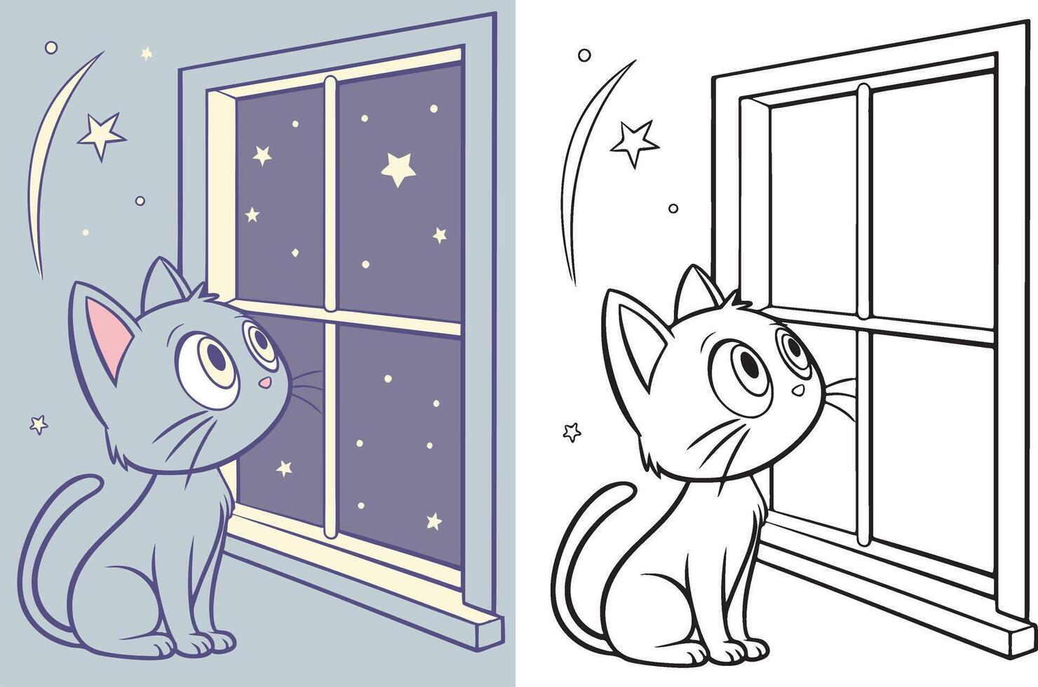 A curious kitten sitting on a windowsill, staring at a starry sky. vector