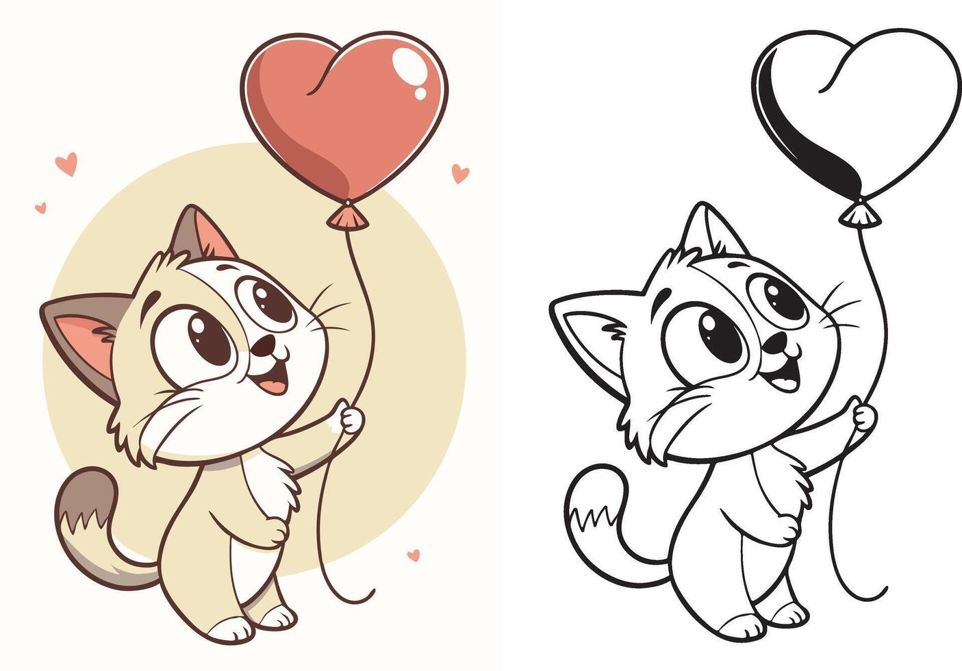 A happy kitten holding a heart-shaped balloon in its paw. vector