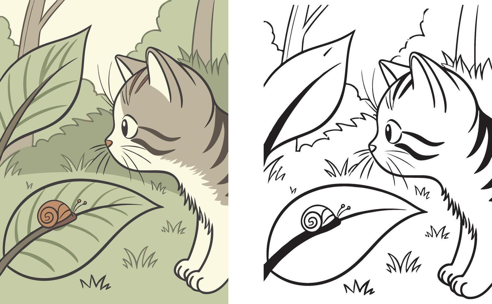 A kitten curiously watching a tiny snail crawl on a leaf. vector