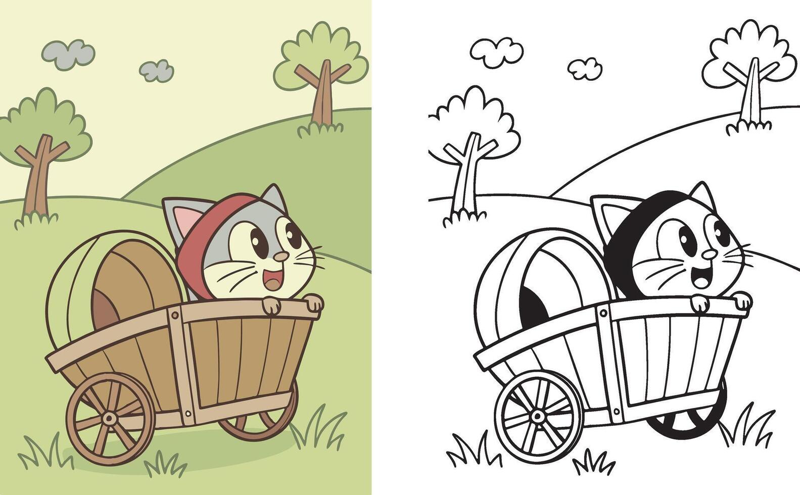 Kitten in a Wagon A happy kitten sitting inside a wooden wagon, ready for a fun ride. vector