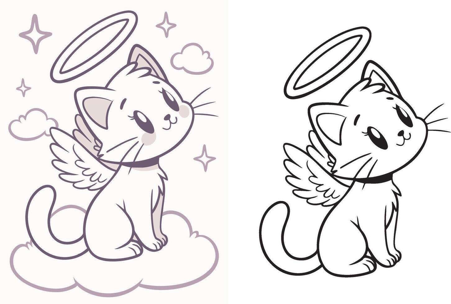 A sweet kitten with a fluffy halo and tiny angel wings. vector