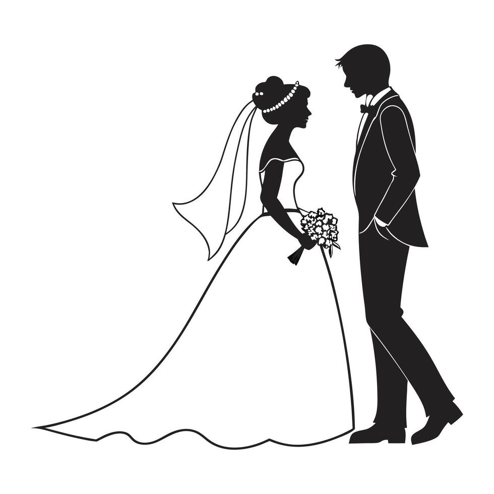 a silhouette of a bride and groom standing together vector