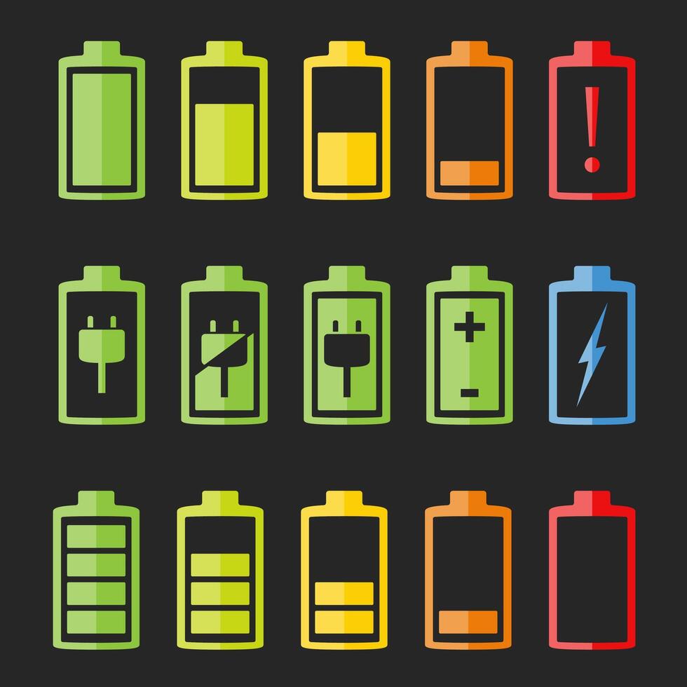 Set of battery indicators on dark background vector