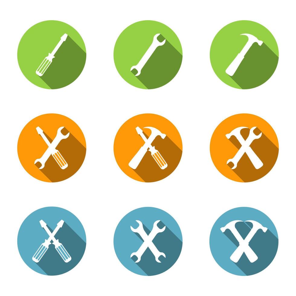 Tools icons set, flat design, screwdriver, wrench and hammer vector