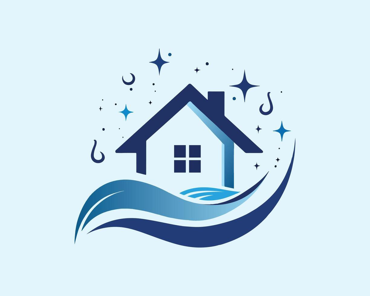 Modern Cleaning Service Logo Sparkling House with Water Waves vector