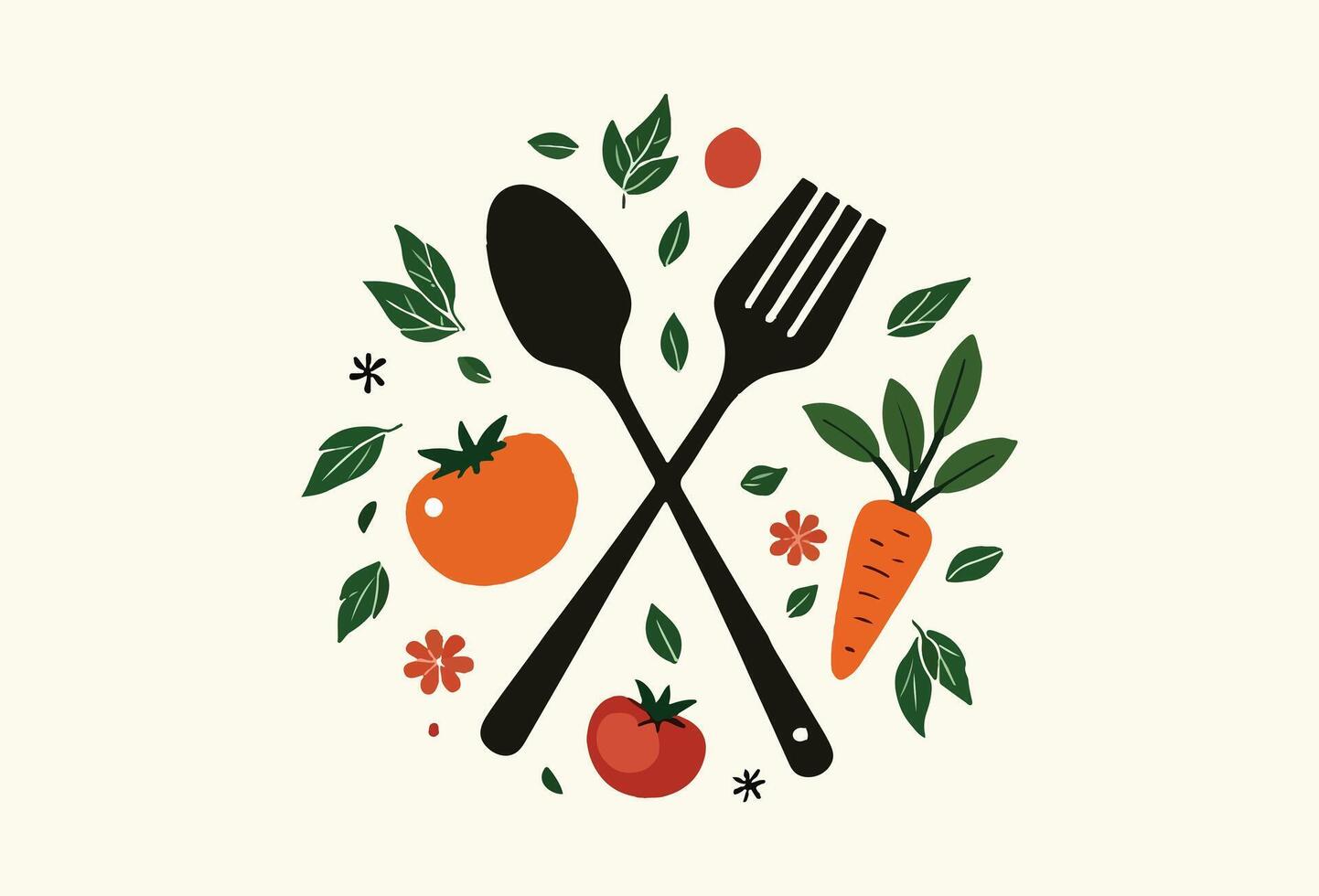 Healthy Food Logo - Spoon and Fork with Vegetables and Herbs vector