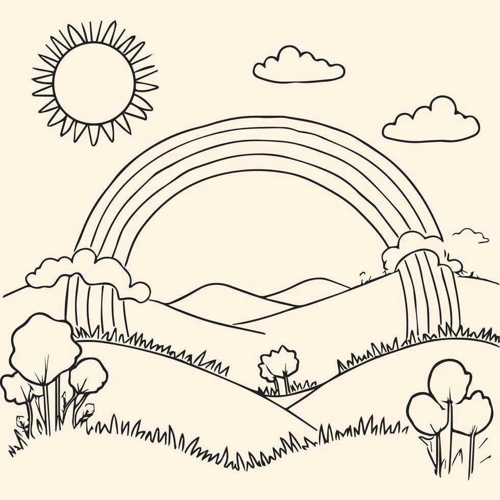 Hand-Drawn Landscape with Rainbow and Sun - Coloring Page Illustration vector