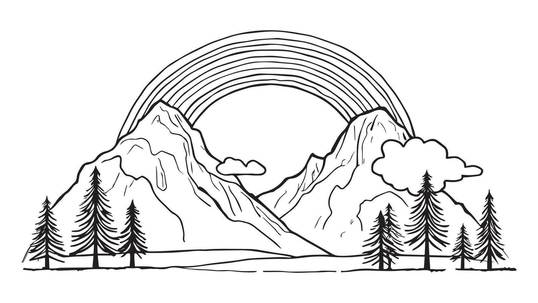 Minimalist Mountain Landscape Line Art with Rainbow and Trees vector