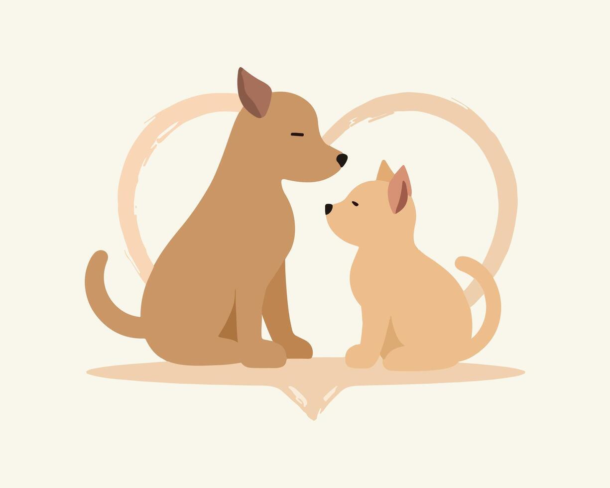 Cute Dog and Cat Friendship Illustration with Heart Background vector