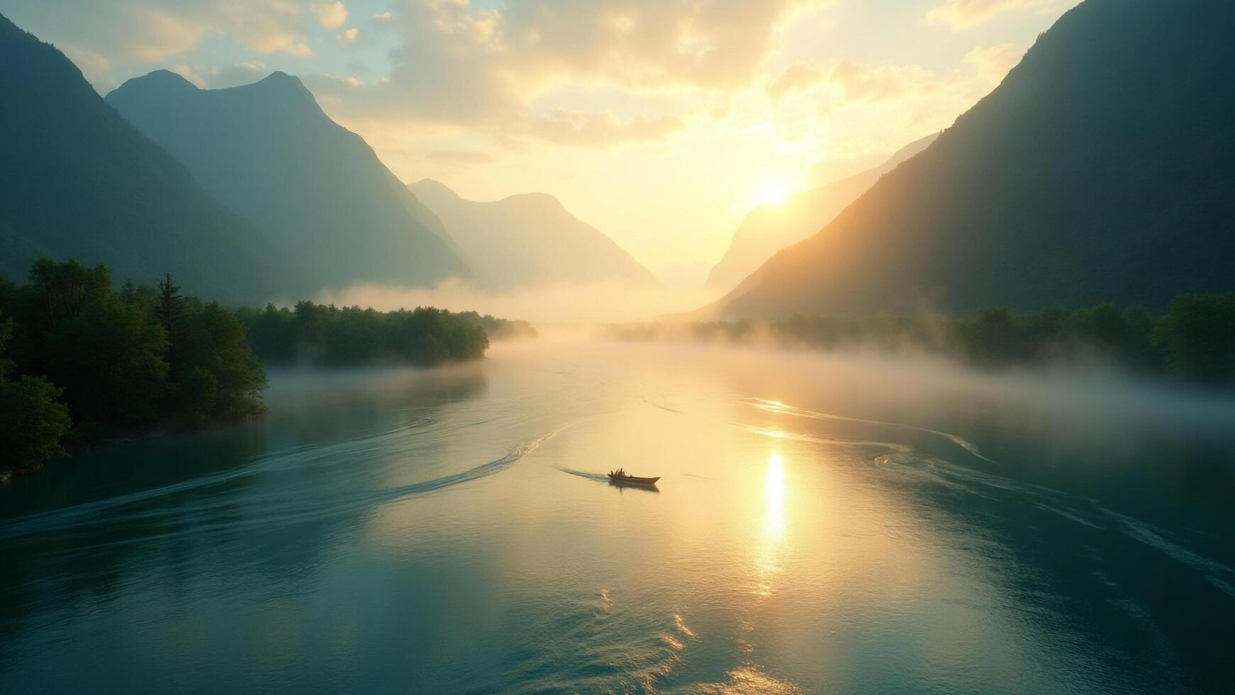 Serene River at Sunrise with Misty Mountains and a Lone Boat in Reflection photo