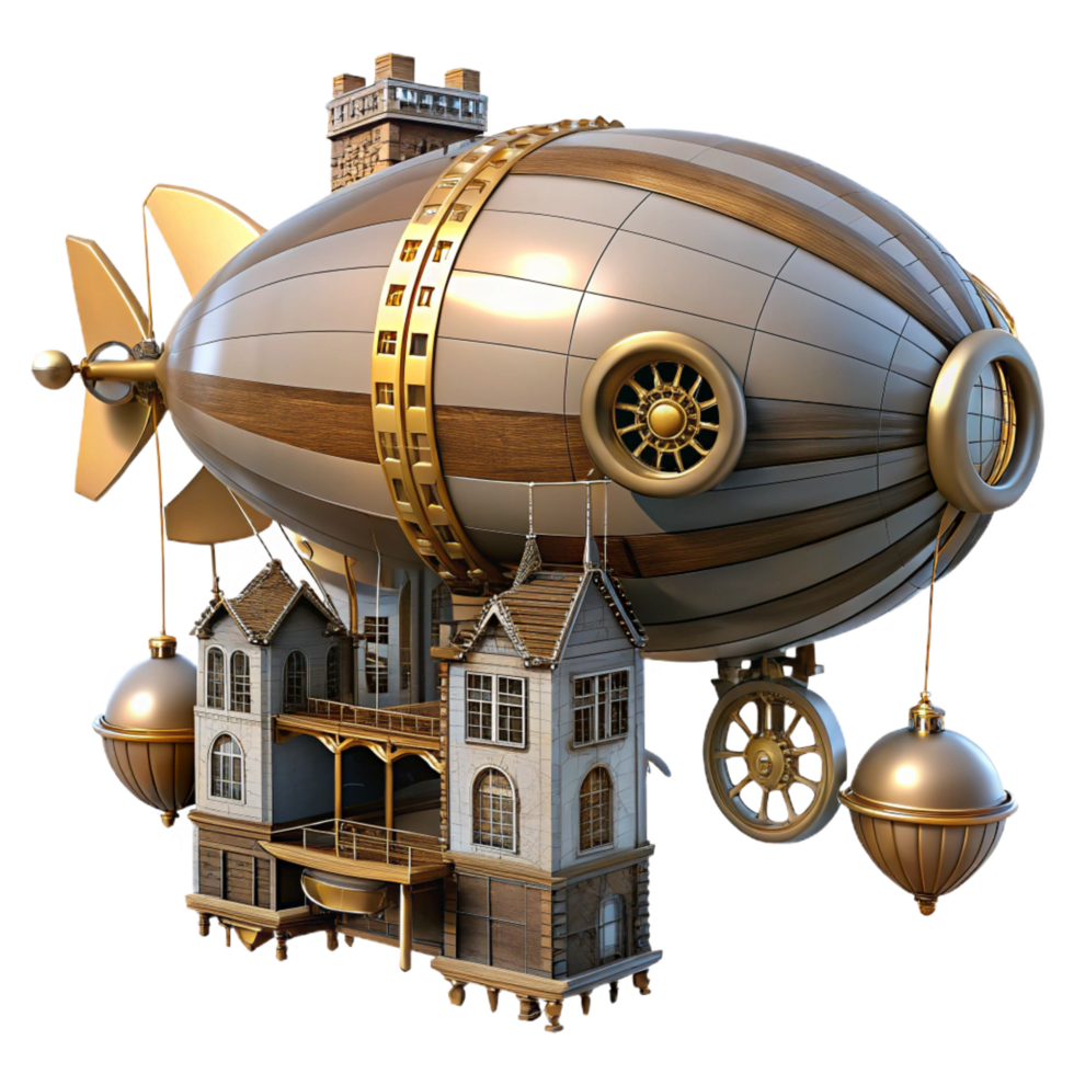 wonderful artistic elegant contemporary impressive traditional Steampunk Airship with House 3D Illustration high quality authentic high resolution png