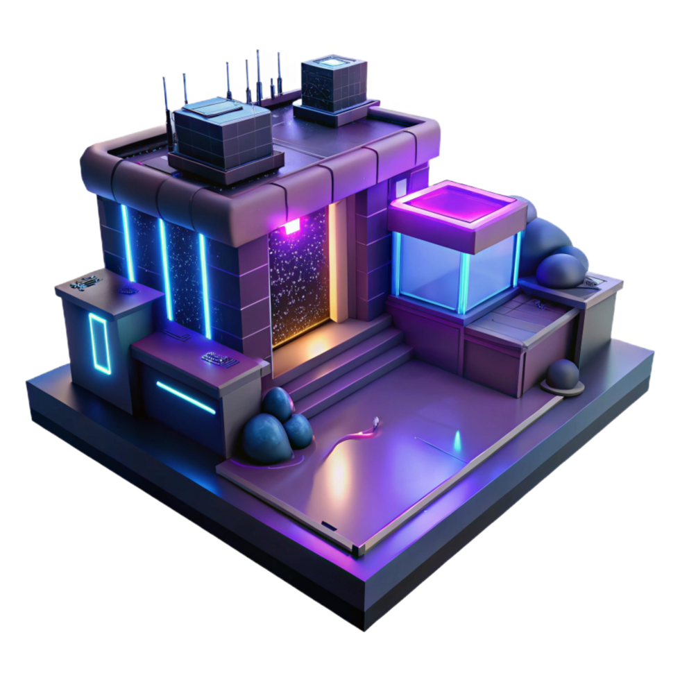 stunning rustic Neon Glow Futuristic Building 3D Render detailed png
