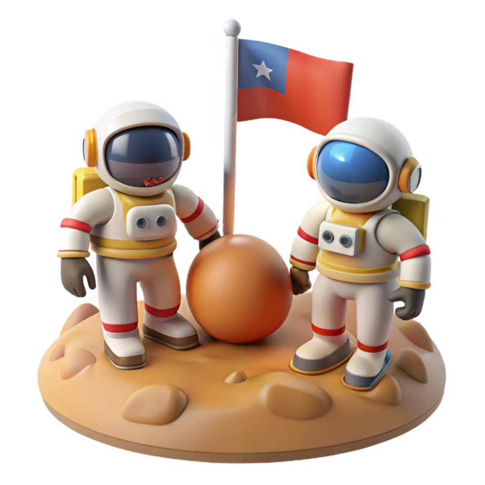 Two astronauts standing on the surface of a planet with a flag png