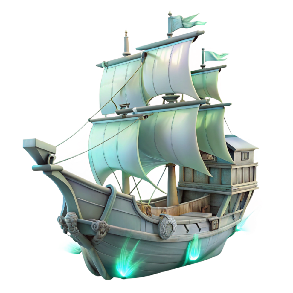 A pirate ship with a green sail png