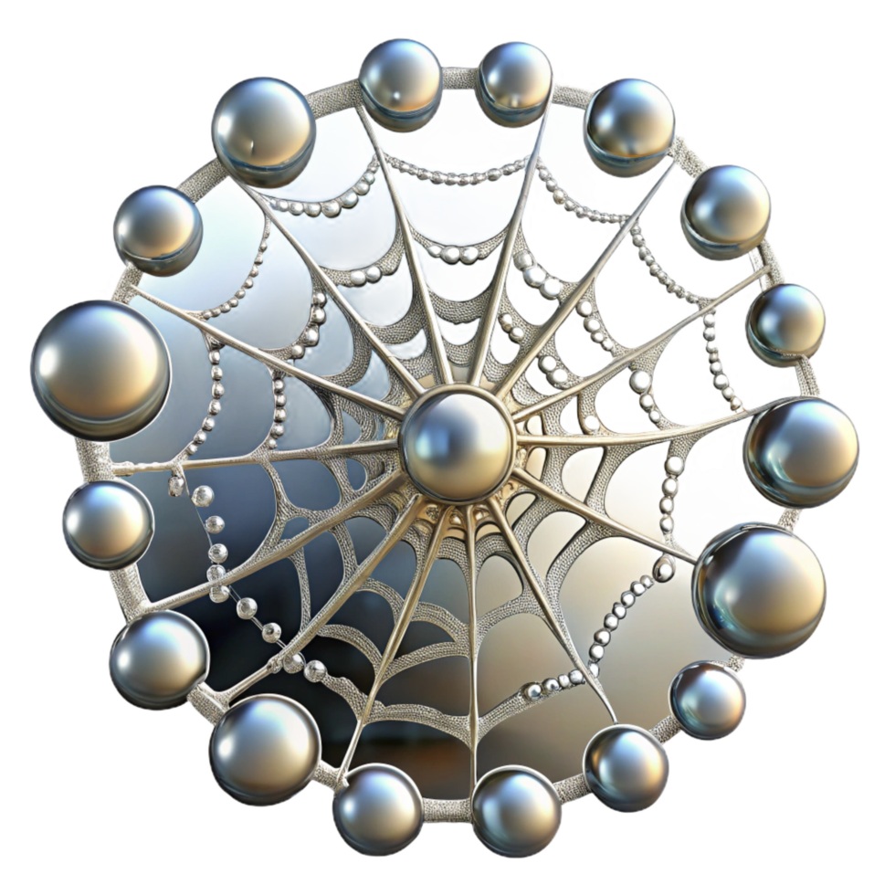 A silver spider web with many balls on it png
