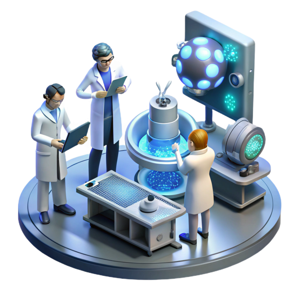 A group of people in lab coats are working on a machine png