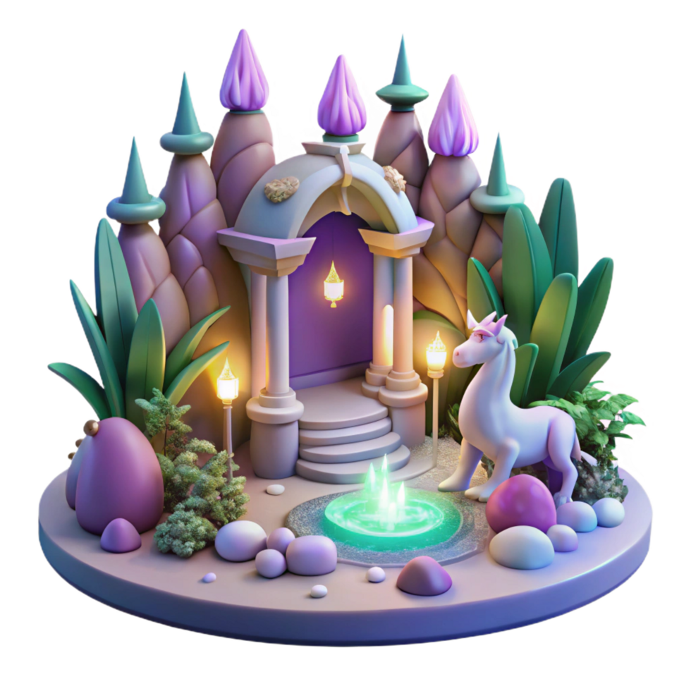 A small castle with a fountain and a unicorn png