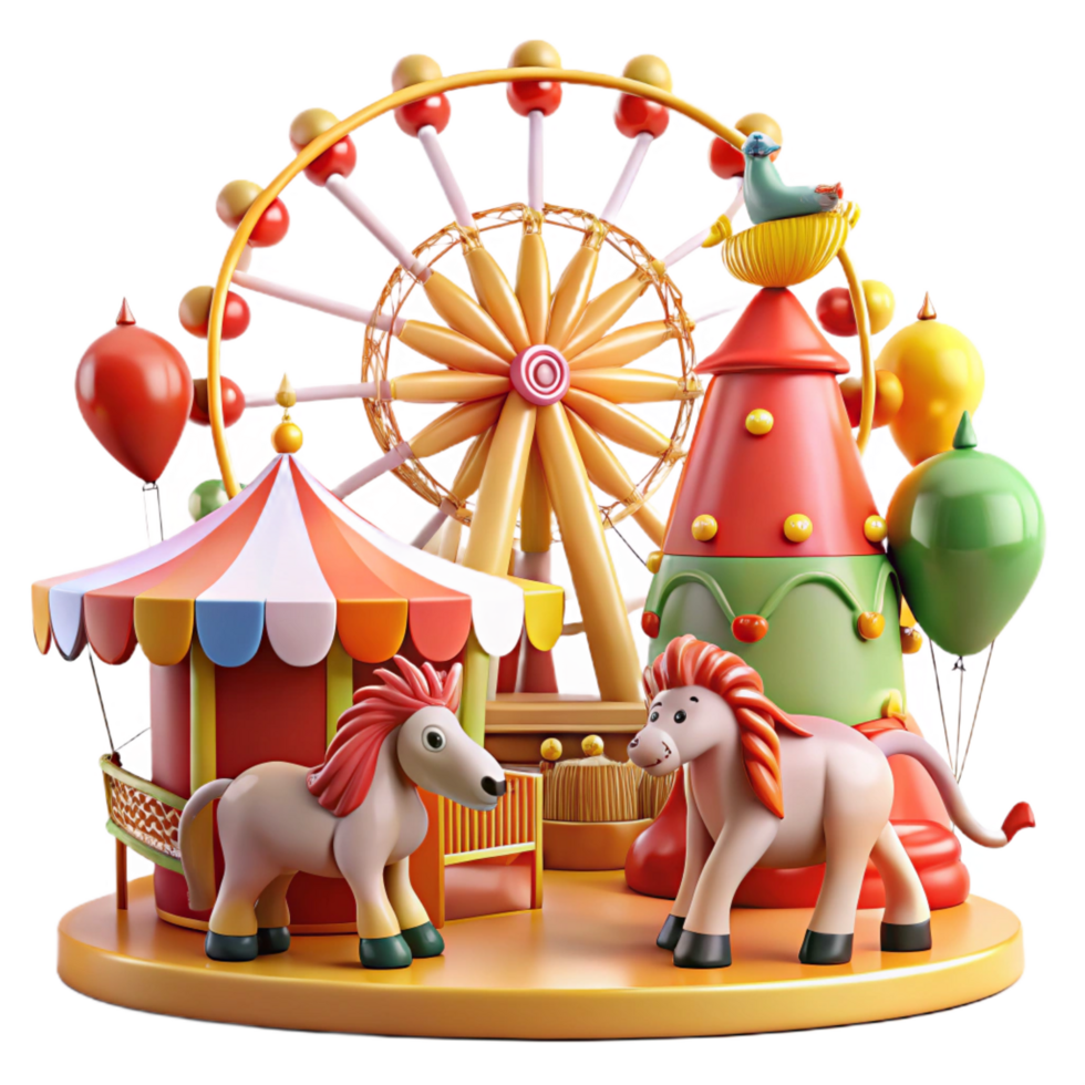 A toy carnival with a ferris wheel and horses png